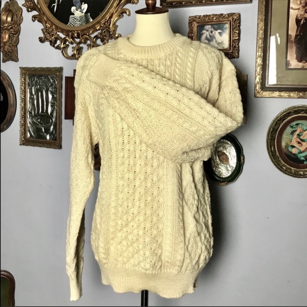Inis Crafts Wool Made in Ireland Cable Knit Fisherman Sweater Medium - Picture 7 of 11